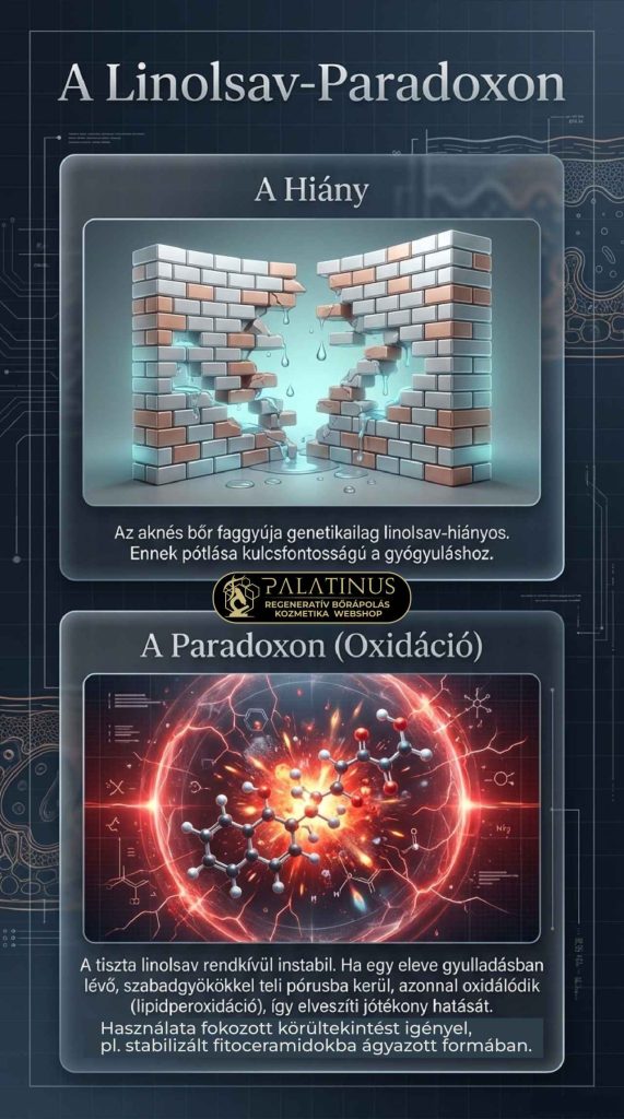 A Lipáz-kihívás: Amikor a baktérium „eszik” a krémből A pórusokban normál normál körülmények között is jelen lévő Cutibacterium acnes baktériumok lipáz és észteráz enzimeket termelnek. Ezek a bontóenzimek felelősek a faggyú trigliceridjeinek szabad zsírsavakká történő alakításáért. A probléma ott kezdődik, hogy ezek az enzimek nem tesznek különbséget a saját faggyúnk és a felkent kozmetikumok lipidjei között. A hagyományos formulák kockázata: A baktériumok a klasszikus, magas triglicerid-tartalmú növényi olajokat (pl. kókuszolaj), valamint a sok „olajmentesnek” (oil-free) hirdetett, könnyű krémben található szintetikus észtert (pl. Isopropyl Myristate) is képesek lebontani. A felszabaduló nagy mennyiségű szabad zsírsav egy amúgy is gyulladásra hajlamos bőrön fokozhatja a pórusok eltömődését és fenntarthat egy alacsony fokú (szubklinikai) gyulladást. A Zöld Kémia válasza: A komplex mátrix és a lipáz-rezisztencia Ebből a biokémiai tényből azonban hiba lenne arra következtetni, hogy minden természetes lipid káros az aknés bőrre. A minőségi, modern natúrkozmetika pontosan ismeri ezeket a kihívásokat, és kifinomult válaszokat ad rájuk: ✧ Lipáz-rezisztens alternatívák: A trigliceridek helyett a tudatos formulák folyékony viaszésztereket (pl. jojobaolaj) vagy teljesen stabil szénhidrogéneket (növényi szkvalán) használnak, amelyeket a baktériumok enzimei szinte alig képesek bontani. ✧ A szinergia ereje: Egy hidegen sajtolt, minőségi növényi kivonat sosem egyetlen izolált vegyület. A trigliceridek mellett jelentős mennyiségű fitoszterolt, polifenolt és egyéb antioxidánst tartalmaz. Ezek a komplex, természetes molekulák bizonyítottan bőrnyugtató és gyulladáscsökkentő hatásúak, így képesek ellensúlyozni a mikrobiom esetleges irritáló reakcióit. Bizonyos felszabaduló zsírsavaknak (pl. laurinsav) pedig egyenesen célzott antibakteriális hatásuk van. A Linolsav-paradoxon és az oxidáció kérdése A szakirodalom egyértelműen igazolja, hogy az aknés betegek faggyúja linolsav-hiányos. Ennek a létfontosságú zsírsavnak a pótlása kulcsfontosságú az egészséges hámláshoz és a barrier helyreállításához. A linolsav azonban egy többszörösen telítetlen, kémiailag rendkívül érzékeny (instabil) molekula. Ha egy eleve gyulladásban lévő, szabadgyökökkel teli pórusba kerül, könnyen oxidálódhat (lipidperoxidáció), ami csökkenti a jótékony hatását. A jövő útja: Az intelligens formuláció A megoldást mind a klinikai/szintetikus, mind a modern természetes bőrápolásban a stabilizált technológiák jelentik. A biztonságos linolsav-pótlást ma már többféleképpen  oldják meg a legmagasabb minőséget képviselő gyártók: ✧ A klinikai megközelítés: A linolsavat szintetikus laboratóriumi eljárásokkal, a bőr saját szerkezetét utánzó, stabil Ceramidokba (pl. Ceramide EOS) vagy mikrokapszulázott rendszerekbe ágyazzák, így védve azt az oxidációtól. ✧ A modern natúr megközelítés: Természetes fitoceramidokat (pl. zabból vagy búzából kivonva) alkalmaznak, az instabilabb növényi olajokat pedig már a tégelyben robusztus, növényi alapú antioxidáns rendszerekkel (pl. tokoferol komplexekkel, rozmaring kivonattal, asztaxantinnal) védik a peroxidáció ellen. Egy termék hatékonyságát és biztonságosságát zsíros/aknés bőrön nem az dönti el, hogy egy marketingcímke szerint „100% természetes” vagy „szintetikus olajmentes”. A valódi eredményeket a bőr biológiai működését tiszteletben tartó, lipáz-tudatos, antioxidánsokkal megfelelően stabilizált, intelligens formulációk hozzák el. Éppen ezért a személyre szabott bőrápolási rutin kialakításakor mindig a készítmények komplexitását és a bőr egyéni toleranciáját érdemes figyelembe venni. A Mallorca-akne biofizikája: Amikor a fény, a kozmetikumok és az egyéni érzékenység találkozik A hagyományos akné (Acne vulgaris) patomechanizmusa ma már jól ismert: a pórusokban felhalmozódó faggyú, a kóros sejtleválás és a mikrobiom egyensúlyának felborulása (pl. a Cutibacterium acnes baktériumok elszaporodása) együttesen alakítják ki. Ezzel szemben a nyaralások során, vagy az első intenzívebb tavaszi napsugarak hatására hirtelen megjelenő, úgynevezett Mallorca-akne (Acne aestivalis) klinikai értelemben egy teljesen más kategória: ez a polimorf fénykiütések egy speciális, pattanásszerű formája, amely lényegében egy steril folliculitis (szőrtüszőgyulladás). A „steril” jelző itt kulcsfontosságú. Azt jelenti, hogy a viszkető, piros göbök (papulák) kialakulásában primer módon nem játszik szerepet bakteriális fertőzés vagy nem megfelelő higiénia. A háttérben sokkal inkább egy komplex biofizikai és fotokémiai folyamat áll, amely az egyéni hajlamtól függően aktiválódik. A mechanizmus: Az UV-A sugárzás és a mikrostressz A folyamat kiváltója a napfény, pontosabban a bőr mélyebb rétegeibe is behatoló UV-A sugárzás energiája. Amikor ez a nagy energiájú sugárzás találkozik a bőrrel, szabadgyökök (Reaktív Oxigénfajták – ROS) jönnek létre. Ha a bőr természetes antioxidáns kapacitása kimerül, vagy bizonyos külső (kozmetikai) lipidek oxidálódnak, agresszív lipid-peroxidok keletkezhetnek. Ezek a vegyületek akut mikrostresszt okoznak a szőrtüsző hámjában, amire az arra genetikailag és immunológiailag hajlamos egyének szervezete azonnali, védekező jellegű gyulladással válaszol. Formulációs kihívások az UV-sugárzás tükrében A tudomány jelenlegi állása szerint a bőr fotokémiai válaszreakciója rendkívül egyéni. Ugyanaz a tökéletesen megalkotott krém az egyik embernél kiválóan működik a napon is, míg a másiknál (az egyéni enzimatikus és antioxidáns védelem hiányában) irritációt válthat ki. Fontos leszögezni: a kozmetikai iparban engedélyezett alapanyagok hétköznapi körülmények között biztonságosak. Viselkedésük kizárólag az extrém UV-terhelés és az egyéni érzékenység együttes fennállása esetén változhat meg. Ilyen tényezők lehetnek: ✧ A lipidek kettős szerepe: A biokémia alapszabálya, hogy a zsírsavláncokban található kettős kötések (amelyek nagy arányban vannak jelen bizonyos értékes, többszörösen telítetlen növényi olajokban, de a bőr saját faggyújában lévő szkvalénban is) érzékenyek az UV-A sugárzás okozta oxidációra. Bár a modern kozmetikumokban ezeket az olajokat antioxidánsokkal (pl. E-vitaminnal, rozmaring kivonat stb.) védik, extrém napozás során, egy arra hajlamos bőrön a lipid-peroxidáció kockázata megnőhet, ami felerősítheti a szőrtüszők gyulladását. ✧ Az emulziós rendszerek stabilitása: A régebbi szakirodalom gyakran tette felelőssé a klasszikus (például etoxilált) emulgeátorokat a Mallorca-aknéért. A modern vegyészet azonban rávilágított, hogy a mai, nagy tisztaságú alapanyagok rendkívül stabilak. A probléma sokkal inkább a készítmények komplexitásában és a felkent rétegek hő/UV hatására történő szerkezeti átalakulásában keresendő, amely az arra érzékenyeknél elzárhatja a pórusokat vagy ronthatja a bőr hőleadását. ✧ A fényvédelem evolúciója: Bár az Európai Unió szabályozása kiemelkedően szigorú, az iparág folyamatosan fejlődik a fotostabilitás terén. Bizonyos régebbi generációs kémiai UV-szűrők a napfény energiáját elnyelve idővel lebomolhatnak (fotodegradáció). A bomlástermékek és a felszabaduló energia a hiperérzékeny bőrön mikrostresszt okozhat. Terápiás tévutak: Miért hatástalanok a hagyományos akné-kezelések? A Mallorca-akne és a hagyományos pattanások összetévesztése gyakran vezet hibás, a bőrt tovább károsító öngyógyításhoz. Mivel a probléma gyökere egy steril gyulladás és fényérzékenység, a klasszikus anti-akné fegyvertár biológiai értelemben nem nyújt megoldást: ✧ Az antibakteriális hatóanyagok (mint a benzoil-peroxid) hatástalanok, hiszen nincs elsődleges kórokozó, amit célba vehetnének. ✧ A keratolitikus (hámlasztó) és szárító anyagok (mint a szalicilsav / BHA, vagy a szárító agyagmaszkok) kifejezetten ronthatnak a helyzeten. Az UV-sugárzás és a szabadgyökök által amúgy is igénybe vett, kompromittált hidrolipid-barriert ezek az anyagok tovább gyengíthetik, ami a láthatatlan vízvesztés (TEWL) drasztikus fokozódásához és az irritáció elhúzódásához vezethet. ✧ A tudományos megoldás: Prevenció és okos formulációk Legyen szó natúr vagy dermokozmetikai márkáról, a tudatos gyártók felismerték, hogy a fényérzékeny bőrök (és a Mallorca-akne) esetében a megoldás nem az utólagos agresszív szárítás, hanem az egyénre szabott prevenció. Az érzékeny bőrre fejlesztett, prevenciós célú nyári formulák (gyakran Sun Gel, Fluid vagy Oil-Free megjelöléssel) tervezésekor a vegyészek a maximális fotostabilitásra törekszenek. minimalizálják az oxidációra hajlamos szabad lipidek arányát, modern polimer-hálókat vagy ultrakönnyű, telített szénhidrogéneket (pl. szkvalánt) használnak a védelem biztosítására. Emellett a formulákat új generációs, kiemelten fotostabil UV-szűrőkkel és robusztus antioxidáns-komplexekkel látják el. Ezek a rendszerek mintegy intelligens pajzsként támogatják a bőr saját védekező képességét, esélyt sem adva a láncreakciót indító szabadgyökök felhalmozódásának. A Skinimalizmus és a Formulációs Tudomány A bőr védelmi rendszere egy rendkívül finoman hangolt biofizikai hálózat. Szeborreás, pattanásos bőr esetén a nehéz textúrák és a hagyományos emulgeátorok rétegzése objektíven ront a helyzeten. A megoldás a "kevesebb, de okosabb" elv. Nem minden lipid káros. A modern kozmetikai kémia számtalan biokompatibilis, a baktériumok enzimei számára bonthatatlan alternatívát kínál. A növényi trigliceridek helyett a stabil szénhidrogének (mint a szkvalán) és a modern észterek biztosítják a védelmet. A cél az alacsony okklúziójú, a bőr természetes hűtését nem gátló, "lipáz-biztos" formulák alkalmazása. Az ultrakönnyű, vizes bázisú szérumok és a polimer-hálóra épülő modern fluidok úgy állítják helyre a barriert és kerülik el a kimosódási effektust, hogy közben engedik a bőrt lélegezni, végleg megelőzve a kozmetikai üvegházhatást.