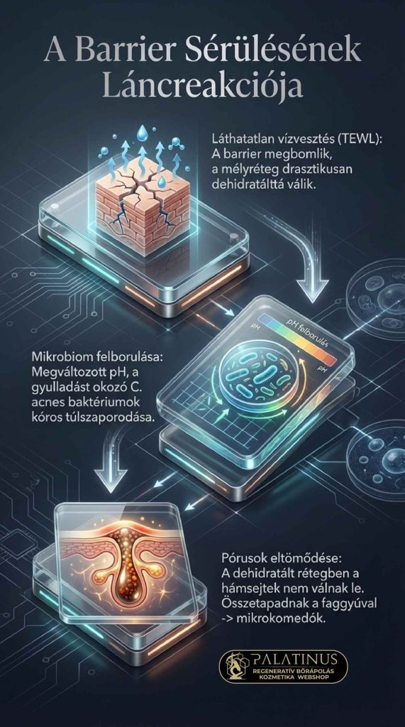 A Lipáz-kihívás: Amikor a baktérium „eszik” a krémből A pórusokban normál normál körülmények között is jelen lévő Cutibacterium acnes baktériumok lipáz és észteráz enzimeket termelnek. Ezek a bontóenzimek felelősek a faggyú trigliceridjeinek szabad zsírsavakká történő alakításáért. A probléma ott kezdődik, hogy ezek az enzimek nem tesznek különbséget a saját faggyúnk és a felkent kozmetikumok lipidjei között. A hagyományos formulák kockázata: A baktériumok a klasszikus, magas triglicerid-tartalmú növényi olajokat (pl. kókuszolaj), valamint a sok „olajmentesnek” (oil-free) hirdetett, könnyű krémben található szintetikus észtert (pl. Isopropyl Myristate) is képesek lebontani. A felszabaduló nagy mennyiségű szabad zsírsav egy amúgy is gyulladásra hajlamos bőrön fokozhatja a pórusok eltömődését és fenntarthat egy alacsony fokú (szubklinikai) gyulladást. A Zöld Kémia válasza: A komplex mátrix és a lipáz-rezisztencia Ebből a biokémiai tényből azonban hiba lenne arra következtetni, hogy minden természetes lipid káros az aknés bőrre. A minőségi, modern natúrkozmetika pontosan ismeri ezeket a kihívásokat, és kifinomult válaszokat ad rájuk: ✧ Lipáz-rezisztens alternatívák: A trigliceridek helyett a tudatos formulák folyékony viaszésztereket (pl. jojobaolaj) vagy teljesen stabil szénhidrogéneket (növényi szkvalán) használnak, amelyeket a baktériumok enzimei szinte alig képesek bontani. ✧ A szinergia ereje: Egy hidegen sajtolt, minőségi növényi kivonat sosem egyetlen izolált vegyület. A trigliceridek mellett jelentős mennyiségű fitoszterolt, polifenolt és egyéb antioxidánst tartalmaz. Ezek a komplex, természetes molekulák bizonyítottan bőrnyugtató és gyulladáscsökkentő hatásúak, így képesek ellensúlyozni a mikrobiom esetleges irritáló reakcióit. Bizonyos felszabaduló zsírsavaknak (pl. laurinsav) pedig egyenesen célzott antibakteriális hatásuk van. A Linolsav-paradoxon és az oxidáció kérdése A szakirodalom egyértelműen igazolja, hogy az aknés betegek faggyúja linolsav-hiányos. Ennek a létfontosságú zsírsavnak a pótlása kulcsfontosságú az egészséges hámláshoz és a barrier helyreállításához. A linolsav azonban egy többszörösen telítetlen, kémiailag rendkívül érzékeny (instabil) molekula. Ha egy eleve gyulladásban lévő, szabadgyökökkel teli pórusba kerül, könnyen oxidálódhat (lipidperoxidáció), ami csökkenti a jótékony hatását. A jövő útja: Az intelligens formuláció A megoldást mind a klinikai/szintetikus, mind a modern természetes bőrápolásban a stabilizált technológiák jelentik. A biztonságos linolsav-pótlást ma már többféleképpen  oldják meg a legmagasabb minőséget képviselő gyártók: ✧ A klinikai megközelítés: A linolsavat szintetikus laboratóriumi eljárásokkal, a bőr saját szerkezetét utánzó, stabil Ceramidokba (pl. Ceramide EOS) vagy mikrokapszulázott rendszerekbe ágyazzák, így védve azt az oxidációtól. ✧ A modern natúr megközelítés: Természetes fitoceramidokat (pl. zabból vagy búzából kivonva) alkalmaznak, az instabilabb növényi olajokat pedig már a tégelyben robusztus, növényi alapú antioxidáns rendszerekkel (pl. tokoferol komplexekkel, rozmaring kivonattal, asztaxantinnal) védik a peroxidáció ellen. Egy termék hatékonyságát és biztonságosságát zsíros/aknés bőrön nem az dönti el, hogy egy marketingcímke szerint „100% természetes” vagy „szintetikus olajmentes”. A valódi eredményeket a bőr biológiai működését tiszteletben tartó, lipáz-tudatos, antioxidánsokkal megfelelően stabilizált, intelligens formulációk hozzák el. Éppen ezért a személyre szabott bőrápolási rutin kialakításakor mindig a készítmények komplexitását és a bőr egyéni toleranciáját érdemes figyelembe venni. A Mallorca-akne biofizikája: Amikor a fény, a kozmetikumok és az egyéni érzékenység találkozik A hagyományos akné (Acne vulgaris) patomechanizmusa ma már jól ismert: a pórusokban felhalmozódó faggyú, a kóros sejtleválás és a mikrobiom egyensúlyának felborulása (pl. a Cutibacterium acnes baktériumok elszaporodása) együttesen alakítják ki. Ezzel szemben a nyaralások során, vagy az első intenzívebb tavaszi napsugarak hatására hirtelen megjelenő, úgynevezett Mallorca-akne (Acne aestivalis) klinikai értelemben egy teljesen más kategória: ez a polimorf fénykiütések egy speciális, pattanásszerű formája, amely lényegében egy steril folliculitis (szőrtüszőgyulladás). A „steril” jelző itt kulcsfontosságú. Azt jelenti, hogy a viszkető, piros göbök (papulák) kialakulásában primer módon nem játszik szerepet bakteriális fertőzés vagy nem megfelelő higiénia. A háttérben sokkal inkább egy komplex biofizikai és fotokémiai folyamat áll, amely az egyéni hajlamtól függően aktiválódik. A mechanizmus: Az UV-A sugárzás és a mikrostressz A folyamat kiváltója a napfény, pontosabban a bőr mélyebb rétegeibe is behatoló UV-A sugárzás energiája. Amikor ez a nagy energiájú sugárzás találkozik a bőrrel, szabadgyökök (Reaktív Oxigénfajták – ROS) jönnek létre. Ha a bőr természetes antioxidáns kapacitása kimerül, vagy bizonyos külső (kozmetikai) lipidek oxidálódnak, agresszív lipid-peroxidok keletkezhetnek. Ezek a vegyületek akut mikrostresszt okoznak a szőrtüsző hámjában, amire az arra genetikailag és immunológiailag hajlamos egyének szervezete azonnali, védekező jellegű gyulladással válaszol. Formulációs kihívások az UV-sugárzás tükrében A tudomány jelenlegi állása szerint a bőr fotokémiai válaszreakciója rendkívül egyéni. Ugyanaz a tökéletesen megalkotott krém az egyik embernél kiválóan működik a napon is, míg a másiknál (az egyéni enzimatikus és antioxidáns védelem hiányában) irritációt válthat ki. Fontos leszögezni: a kozmetikai iparban engedélyezett alapanyagok hétköznapi körülmények között biztonságosak. Viselkedésük kizárólag az extrém UV-terhelés és az egyéni érzékenység együttes fennállása esetén változhat meg. Ilyen tényezők lehetnek: ✧ A lipidek kettős szerepe: A biokémia alapszabálya, hogy a zsírsavláncokban található kettős kötések (amelyek nagy arányban vannak jelen bizonyos értékes, többszörösen telítetlen növényi olajokban, de a bőr saját faggyújában lévő szkvalénban is) érzékenyek az UV-A sugárzás okozta oxidációra. Bár a modern kozmetikumokban ezeket az olajokat antioxidánsokkal (pl. E-vitaminnal, rozmaring kivonat stb.) védik, extrém napozás során, egy arra hajlamos bőrön a lipid-peroxidáció kockázata megnőhet, ami felerősítheti a szőrtüszők gyulladását. ✧ Az emulziós rendszerek stabilitása: A régebbi szakirodalom gyakran tette felelőssé a klasszikus (például etoxilált) emulgeátorokat a Mallorca-aknéért. A modern vegyészet azonban rávilágított, hogy a mai, nagy tisztaságú alapanyagok rendkívül stabilak. A probléma sokkal inkább a készítmények komplexitásában és a felkent rétegek hő/UV hatására történő szerkezeti átalakulásában keresendő, amely az arra érzékenyeknél elzárhatja a pórusokat vagy ronthatja a bőr hőleadását. ✧ A fényvédelem evolúciója: Bár az Európai Unió szabályozása kiemelkedően szigorú, az iparág folyamatosan fejlődik a fotostabilitás terén. Bizonyos régebbi generációs kémiai UV-szűrők a napfény energiáját elnyelve idővel lebomolhatnak (fotodegradáció). A bomlástermékek és a felszabaduló energia a hiperérzékeny bőrön mikrostresszt okozhat. Terápiás tévutak: Miért hatástalanok a hagyományos akné-kezelések? A Mallorca-akne és a hagyományos pattanások összetévesztése gyakran vezet hibás, a bőrt tovább károsító öngyógyításhoz. Mivel a probléma gyökere egy steril gyulladás és fényérzékenység, a klasszikus anti-akné fegyvertár biológiai értelemben nem nyújt megoldást: ✧ Az antibakteriális hatóanyagok (mint a benzoil-peroxid) hatástalanok, hiszen nincs elsődleges kórokozó, amit célba vehetnének. ✧ A keratolitikus (hámlasztó) és szárító anyagok (mint a szalicilsav / BHA, vagy a szárító agyagmaszkok) kifejezetten ronthatnak a helyzeten. Az UV-sugárzás és a szabadgyökök által amúgy is igénybe vett, kompromittált hidrolipid-barriert ezek az anyagok tovább gyengíthetik, ami a láthatatlan vízvesztés (TEWL) drasztikus fokozódásához és az irritáció elhúzódásához vezethet. ✧ A tudományos megoldás: Prevenció és okos formulációk Legyen szó natúr vagy dermokozmetikai márkáról, a tudatos gyártók felismerték, hogy a fényérzékeny bőrök (és a Mallorca-akne) esetében a megoldás nem az utólagos agresszív szárítás, hanem az egyénre szabott prevenció. Az érzékeny bőrre fejlesztett, prevenciós célú nyári formulák (gyakran Sun Gel, Fluid vagy Oil-Free megjelöléssel) tervezésekor a vegyészek a maximális fotostabilitásra törekszenek. minimalizálják az oxidációra hajlamos szabad lipidek arányát, modern polimer-hálókat vagy ultrakönnyű, telített szénhidrogéneket (pl. szkvalánt) használnak a védelem biztosítására. Emellett a formulákat új generációs, kiemelten fotostabil UV-szűrőkkel és robusztus antioxidáns-komplexekkel látják el. Ezek a rendszerek mintegy intelligens pajzsként támogatják a bőr saját védekező képességét, esélyt sem adva a láncreakciót indító szabadgyökök felhalmozódásának. A Skinimalizmus és a Formulációs Tudomány A bőr védelmi rendszere egy rendkívül finoman hangolt biofizikai hálózat. Szeborreás, pattanásos bőr esetén a nehéz textúrák és a hagyományos emulgeátorok rétegzése objektíven ront a helyzeten. A megoldás a "kevesebb, de okosabb" elv. Nem minden lipid káros. A modern kozmetikai kémia számtalan biokompatibilis, a baktériumok enzimei számára bonthatatlan alternatívát kínál. A növényi trigliceridek helyett a stabil szénhidrogének (mint a szkvalán) és a modern észterek biztosítják a védelmet. A cél az alacsony okklúziójú, a bőr természetes hűtését nem gátló, "lipáz-biztos" formulák alkalmazása. Az ultrakönnyű, vizes bázisú szérumok és a polimer-hálóra épülő modern fluidok úgy állítják helyre a barriert és kerülik el a kimosódási effektust, hogy közben engedik a bőrt lélegezni, végleg megelőzve a kozmetikai üvegházhatást.