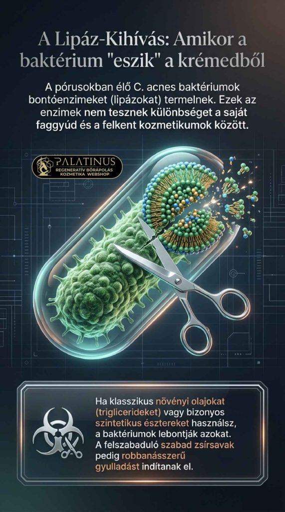 A Lipáz-kihívás: Amikor a baktérium „eszik” a krémből A pórusokban normál normál körülmények között is jelen lévő Cutibacterium acnes baktériumok lipáz és észteráz enzimeket termelnek. Ezek a bontóenzimek felelősek a faggyú trigliceridjeinek szabad zsírsavakká történő alakításáért. A probléma ott kezdődik, hogy ezek az enzimek nem tesznek különbséget a saját faggyúnk és a felkent kozmetikumok lipidjei között. A hagyományos formulák kockázata: A baktériumok a klasszikus, magas triglicerid-tartalmú növényi olajokat (pl. kókuszolaj), valamint a sok „olajmentesnek” (oil-free) hirdetett, könnyű krémben található szintetikus észtert (pl. Isopropyl Myristate) is képesek lebontani. A felszabaduló nagy mennyiségű szabad zsírsav egy amúgy is gyulladásra hajlamos bőrön fokozhatja a pórusok eltömődését és fenntarthat egy alacsony fokú (szubklinikai) gyulladást. A Zöld Kémia válasza: A komplex mátrix és a lipáz-rezisztencia Ebből a biokémiai tényből azonban hiba lenne arra következtetni, hogy minden természetes lipid káros az aknés bőrre. A minőségi, modern natúrkozmetika pontosan ismeri ezeket a kihívásokat, és kifinomult válaszokat ad rájuk: ✧ Lipáz-rezisztens alternatívák: A trigliceridek helyett a tudatos formulák folyékony viaszésztereket (pl. jojobaolaj) vagy teljesen stabil szénhidrogéneket (növényi szkvalán) használnak, amelyeket a baktériumok enzimei szinte alig képesek bontani. ✧ A szinergia ereje: Egy hidegen sajtolt, minőségi növényi kivonat sosem egyetlen izolált vegyület. A trigliceridek mellett jelentős mennyiségű fitoszterolt, polifenolt és egyéb antioxidánst tartalmaz. Ezek a komplex, természetes molekulák bizonyítottan bőrnyugtató és gyulladáscsökkentő hatásúak, így képesek ellensúlyozni a mikrobiom esetleges irritáló reakcióit. Bizonyos felszabaduló zsírsavaknak (pl. laurinsav) pedig egyenesen célzott antibakteriális hatásuk van. A Linolsav-paradoxon és az oxidáció kérdése A szakirodalom egyértelműen igazolja, hogy az aknés betegek faggyúja linolsav-hiányos. Ennek a létfontosságú zsírsavnak a pótlása kulcsfontosságú az egészséges hámláshoz és a barrier helyreállításához. A linolsav azonban egy többszörösen telítetlen, kémiailag rendkívül érzékeny (instabil) molekula. Ha egy eleve gyulladásban lévő, szabadgyökökkel teli pórusba kerül, könnyen oxidálódhat (lipidperoxidáció), ami csökkenti a jótékony hatását. A jövő útja: Az intelligens formuláció A megoldást mind a klinikai/szintetikus, mind a modern természetes bőrápolásban a stabilizált technológiák jelentik. A biztonságos linolsav-pótlást ma már többféleképpen  oldják meg a legmagasabb minőséget képviselő gyártók: ✧ A klinikai megközelítés: A linolsavat szintetikus laboratóriumi eljárásokkal, a bőr saját szerkezetét utánzó, stabil Ceramidokba (pl. Ceramide EOS) vagy mikrokapszulázott rendszerekbe ágyazzák, így védve azt az oxidációtól. ✧ A modern natúr megközelítés: Természetes fitoceramidokat (pl. zabból vagy búzából kivonva) alkalmaznak, az instabilabb növényi olajokat pedig már a tégelyben robusztus, növényi alapú antioxidáns rendszerekkel (pl. tokoferol komplexekkel, rozmaring kivonattal, asztaxantinnal) védik a peroxidáció ellen. Egy termék hatékonyságát és biztonságosságát zsíros/aknés bőrön nem az dönti el, hogy egy marketingcímke szerint „100% természetes” vagy „szintetikus olajmentes”. A valódi eredményeket a bőr biológiai működését tiszteletben tartó, lipáz-tudatos, antioxidánsokkal megfelelően stabilizált, intelligens formulációk hozzák el. Éppen ezért a személyre szabott bőrápolási rutin kialakításakor mindig a készítmények komplexitását és a bőr egyéni toleranciáját érdemes figyelembe venni. A Mallorca-akne biofizikája: Amikor a fény, a kozmetikumok és az egyéni érzékenység találkozik A hagyományos akné (Acne vulgaris) patomechanizmusa ma már jól ismert: a pórusokban felhalmozódó faggyú, a kóros sejtleválás és a mikrobiom egyensúlyának felborulása (pl. a Cutibacterium acnes baktériumok elszaporodása) együttesen alakítják ki. Ezzel szemben a nyaralások során, vagy az első intenzívebb tavaszi napsugarak hatására hirtelen megjelenő, úgynevezett Mallorca-akne (Acne aestivalis) klinikai értelemben egy teljesen más kategória: ez a polimorf fénykiütések egy speciális, pattanásszerű formája, amely lényegében egy steril folliculitis (szőrtüszőgyulladás). A „steril” jelző itt kulcsfontosságú. Azt jelenti, hogy a viszkető, piros göbök (papulák) kialakulásában primer módon nem játszik szerepet bakteriális fertőzés vagy nem megfelelő higiénia. A háttérben sokkal inkább egy komplex biofizikai és fotokémiai folyamat áll, amely az egyéni hajlamtól függően aktiválódik. A mechanizmus: Az UV-A sugárzás és a mikrostressz A folyamat kiváltója a napfény, pontosabban a bőr mélyebb rétegeibe is behatoló UV-A sugárzás energiája. Amikor ez a nagy energiájú sugárzás találkozik a bőrrel, szabadgyökök (Reaktív Oxigénfajták – ROS) jönnek létre. Ha a bőr természetes antioxidáns kapacitása kimerül, vagy bizonyos külső (kozmetikai) lipidek oxidálódnak, agresszív lipid-peroxidok keletkezhetnek. Ezek a vegyületek akut mikrostresszt okoznak a szőrtüsző hámjában, amire az arra genetikailag és immunológiailag hajlamos egyének szervezete azonnali, védekező jellegű gyulladással válaszol. Formulációs kihívások az UV-sugárzás tükrében A tudomány jelenlegi állása szerint a bőr fotokémiai válaszreakciója rendkívül egyéni. Ugyanaz a tökéletesen megalkotott krém az egyik embernél kiválóan működik a napon is, míg a másiknál (az egyéni enzimatikus és antioxidáns védelem hiányában) irritációt válthat ki. Fontos leszögezni: a kozmetikai iparban engedélyezett alapanyagok hétköznapi körülmények között biztonságosak. Viselkedésük kizárólag az extrém UV-terhelés és az egyéni érzékenység együttes fennállása esetén változhat meg. Ilyen tényezők lehetnek: ✧ A lipidek kettős szerepe: A biokémia alapszabálya, hogy a zsírsavláncokban található kettős kötések (amelyek nagy arányban vannak jelen bizonyos értékes, többszörösen telítetlen növényi olajokban, de a bőr saját faggyújában lévő szkvalénban is) érzékenyek az UV-A sugárzás okozta oxidációra. Bár a modern kozmetikumokban ezeket az olajokat antioxidánsokkal (pl. E-vitaminnal, rozmaring kivonat stb.) védik, extrém napozás során, egy arra hajlamos bőrön a lipid-peroxidáció kockázata megnőhet, ami felerősítheti a szőrtüszők gyulladását. ✧ Az emulziós rendszerek stabilitása: A régebbi szakirodalom gyakran tette felelőssé a klasszikus (például etoxilált) emulgeátorokat a Mallorca-aknéért. A modern vegyészet azonban rávilágított, hogy a mai, nagy tisztaságú alapanyagok rendkívül stabilak. A probléma sokkal inkább a készítmények komplexitásában és a felkent rétegek hő/UV hatására történő szerkezeti átalakulásában keresendő, amely az arra érzékenyeknél elzárhatja a pórusokat vagy ronthatja a bőr hőleadását. ✧ A fényvédelem evolúciója: Bár az Európai Unió szabályozása kiemelkedően szigorú, az iparág folyamatosan fejlődik a fotostabilitás terén. Bizonyos régebbi generációs kémiai UV-szűrők a napfény energiáját elnyelve idővel lebomolhatnak (fotodegradáció). A bomlástermékek és a felszabaduló energia a hiperérzékeny bőrön mikrostresszt okozhat. Terápiás tévutak: Miért hatástalanok a hagyományos akné-kezelések? A Mallorca-akne és a hagyományos pattanások összetévesztése gyakran vezet hibás, a bőrt tovább károsító öngyógyításhoz. Mivel a probléma gyökere egy steril gyulladás és fényérzékenység, a klasszikus anti-akné fegyvertár biológiai értelemben nem nyújt megoldást: ✧ Az antibakteriális hatóanyagok (mint a benzoil-peroxid) hatástalanok, hiszen nincs elsődleges kórokozó, amit célba vehetnének. ✧ A keratolitikus (hámlasztó) és szárító anyagok (mint a szalicilsav / BHA, vagy a szárító agyagmaszkok) kifejezetten ronthatnak a helyzeten. Az UV-sugárzás és a szabadgyökök által amúgy is igénybe vett, kompromittált hidrolipid-barriert ezek az anyagok tovább gyengíthetik, ami a láthatatlan vízvesztés (TEWL) drasztikus fokozódásához és az irritáció elhúzódásához vezethet. ✧ A tudományos megoldás: Prevenció és okos formulációk Legyen szó natúr vagy dermokozmetikai márkáról, a tudatos gyártók felismerték, hogy a fényérzékeny bőrök (és a Mallorca-akne) esetében a megoldás nem az utólagos agresszív szárítás, hanem az egyénre szabott prevenció. Az érzékeny bőrre fejlesztett, prevenciós célú nyári formulák (gyakran Sun Gel, Fluid vagy Oil-Free megjelöléssel) tervezésekor a vegyészek a maximális fotostabilitásra törekszenek. minimalizálják az oxidációra hajlamos szabad lipidek arányát, modern polimer-hálókat vagy ultrakönnyű, telített szénhidrogéneket (pl. szkvalánt) használnak a védelem biztosítására. Emellett a formulákat új generációs, kiemelten fotostabil UV-szűrőkkel és robusztus antioxidáns-komplexekkel látják el. Ezek a rendszerek mintegy intelligens pajzsként támogatják a bőr saját védekező képességét, esélyt sem adva a láncreakciót indító szabadgyökök felhalmozódásának. A Skinimalizmus és a Formulációs Tudomány A bőr védelmi rendszere egy rendkívül finoman hangolt biofizikai hálózat. Szeborreás, pattanásos bőr esetén a nehéz textúrák és a hagyományos emulgeátorok rétegzése objektíven ront a helyzeten. A megoldás a "kevesebb, de okosabb" elv. Nem minden lipid káros. A modern kozmetikai kémia számtalan biokompatibilis, a baktériumok enzimei számára bonthatatlan alternatívát kínál. A növényi trigliceridek helyett a stabil szénhidrogének (mint a szkvalán) és a modern észterek biztosítják a védelmet. A cél az alacsony okklúziójú, a bőr természetes hűtését nem gátló, "lipáz-biztos" formulák alkalmazása. Az ultrakönnyű, vizes bázisú szérumok és a polimer-hálóra épülő modern fluidok úgy állítják helyre a barriert és kerülik el a kimosódási effektust, hogy közben engedik a bőrt lélegezni, végleg megelőzve a kozmetikai üvegházhatást.